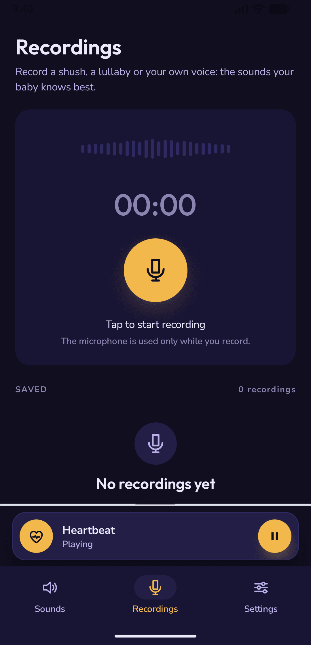 The Record screen: a big record button with a level meter, and the list of saved recordings